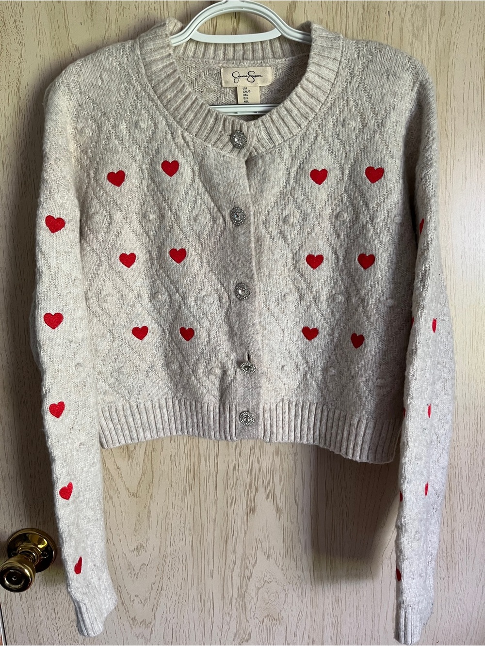 Jessica Simpson Super Soft Cropped Cable Knit Heart Cardigan w/Sparkle Buttons L